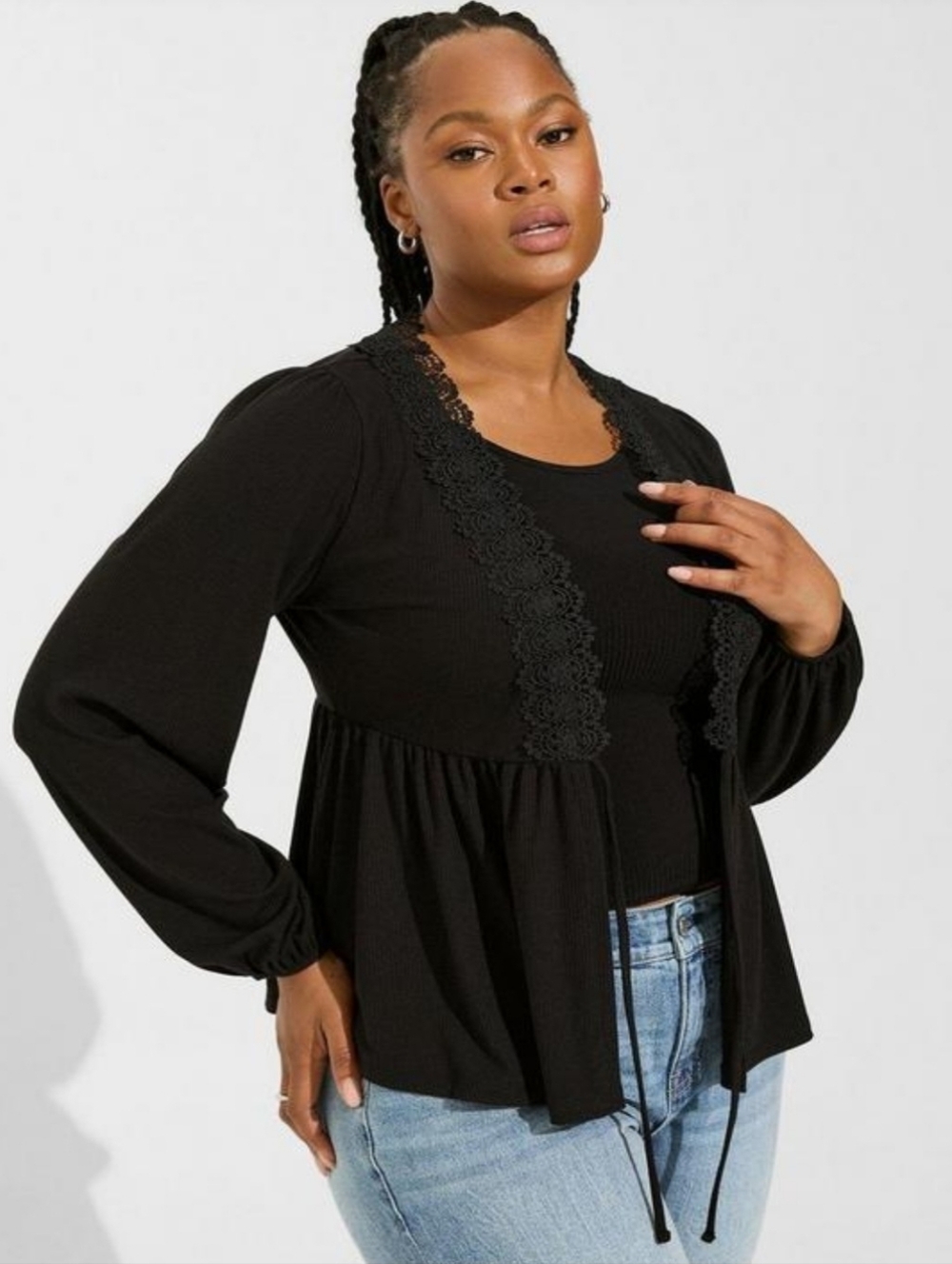 Super‎ Soft Rib V-Neck Lace Trim Tie Front Long Sleeve Top